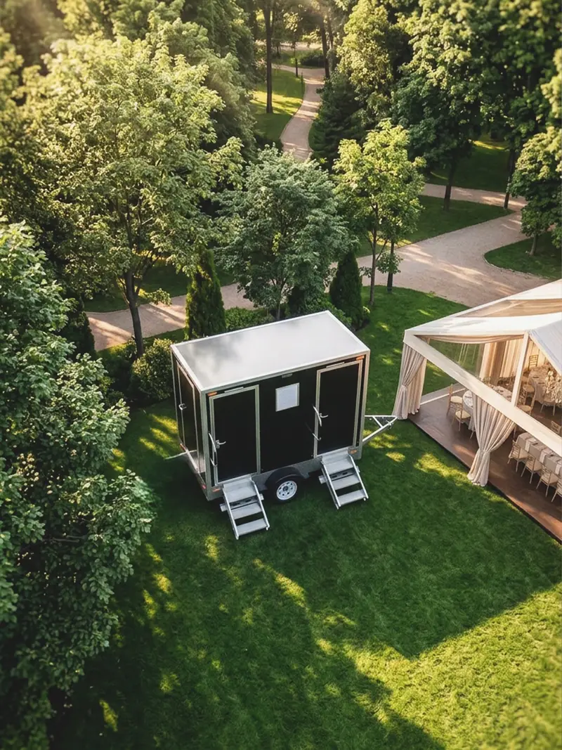 Aerial view of a restroom trailer set up on a lawn next to a garden wedding pergola